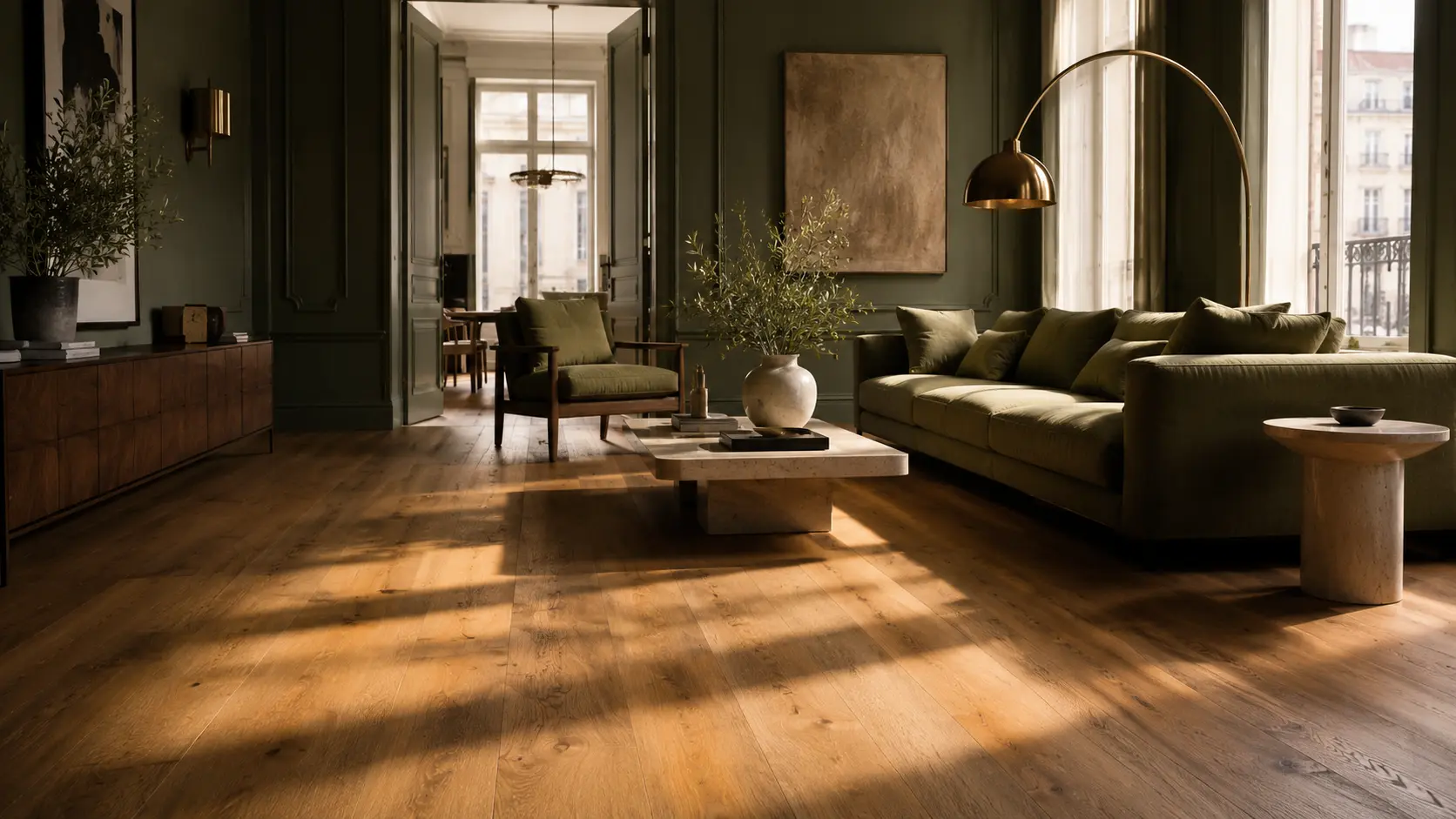 Salon z podłogą drewnianą dębową